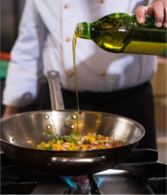 Olive oil being poured into a frying pan